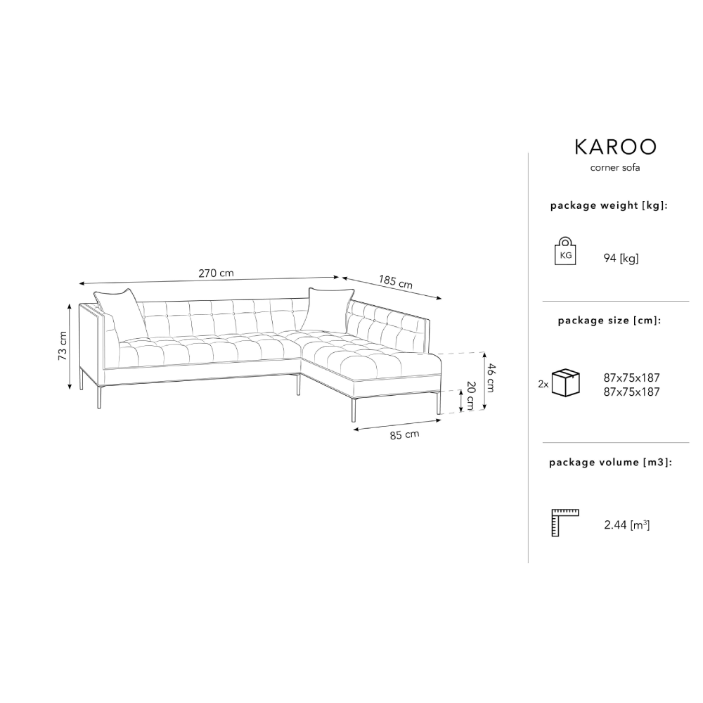 Canapea dreapta 5 locuri din catifea gri inchis Karoo