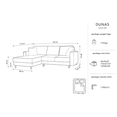 Canapea extensibila stanga 4 locuri din textil gri Dunas