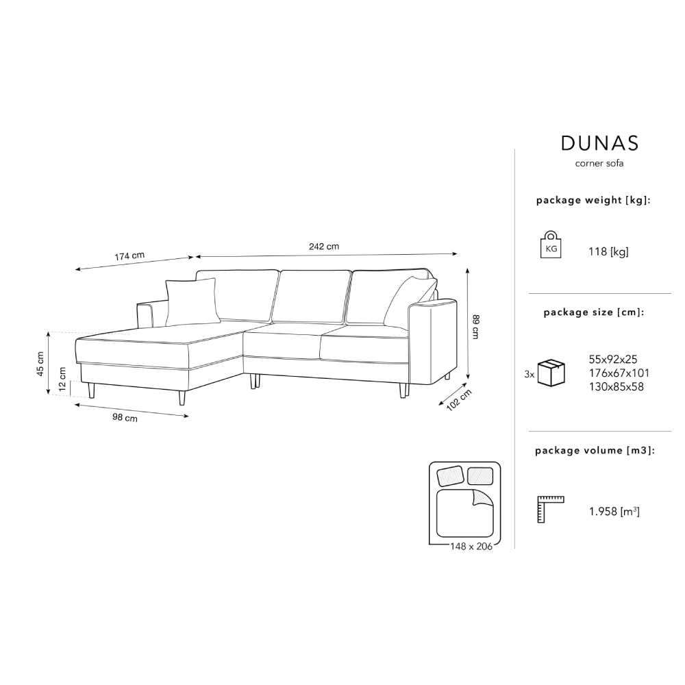Canapea extensibila stanga 4 locuri din textil galben Dunas