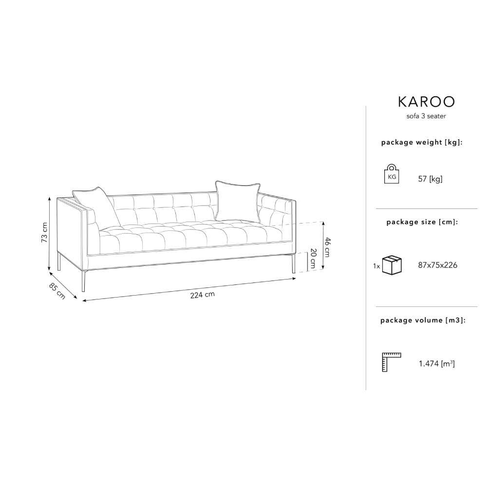 Canapea 3 locuri catifea gri deschis Karoo
